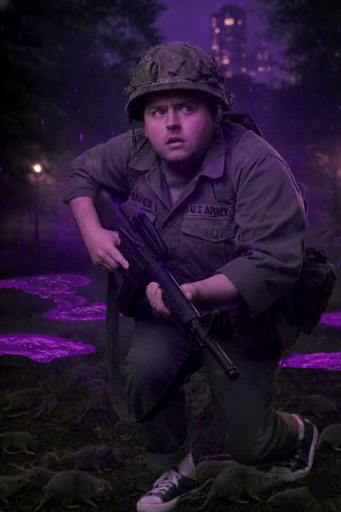 Barney Baxter, the local trigger-happy lunatic who pretends he was in Vietnam, joins the gang in Hug.