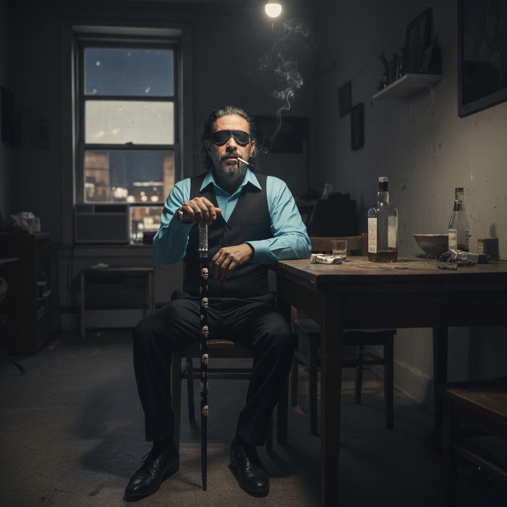 Paco Martinez, the blind psychic pot dealer, who sets the gang off on a journey through a city of huggers.